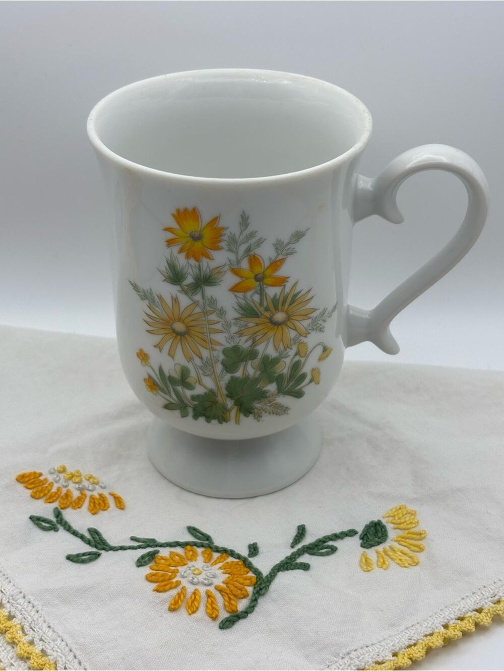 Vintage 1970s Pedestal Coffee Mug or Teacup with Yellow and Orange Floral Design